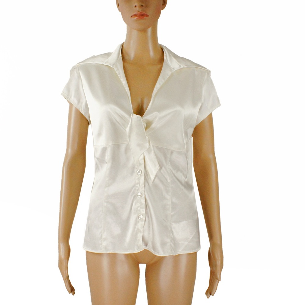 Vintage 90s 2000s Le Chateau White Satin Tie Up Detail Short Sleeve Blouse Top